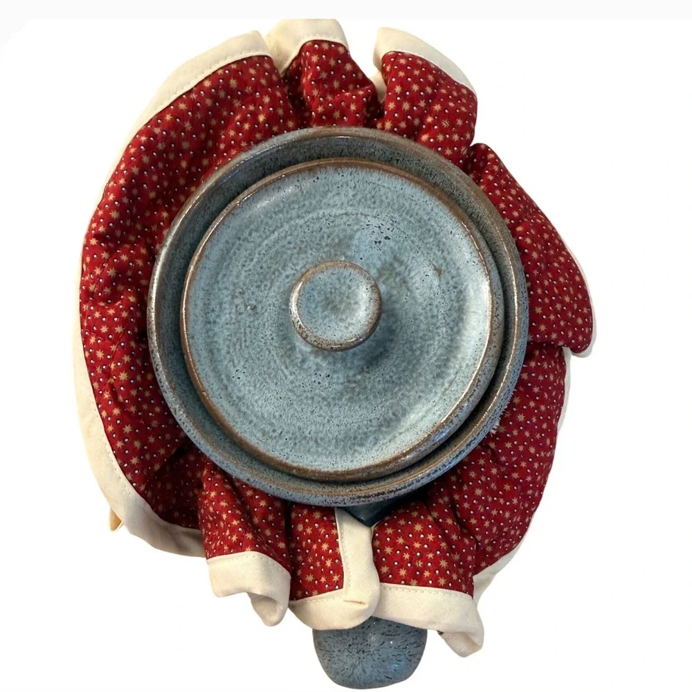 Cottagecore Studio Pottery Quilted Cozy Blue Salt Glaze Lidded Soup Dish‎ Pot